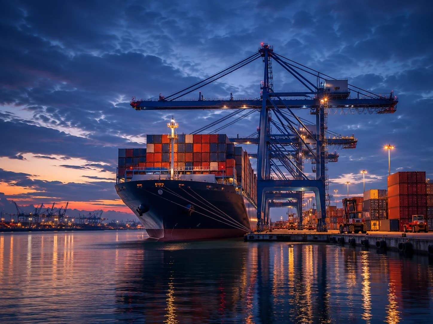 Container vessel being worked by gantry cranes at berth