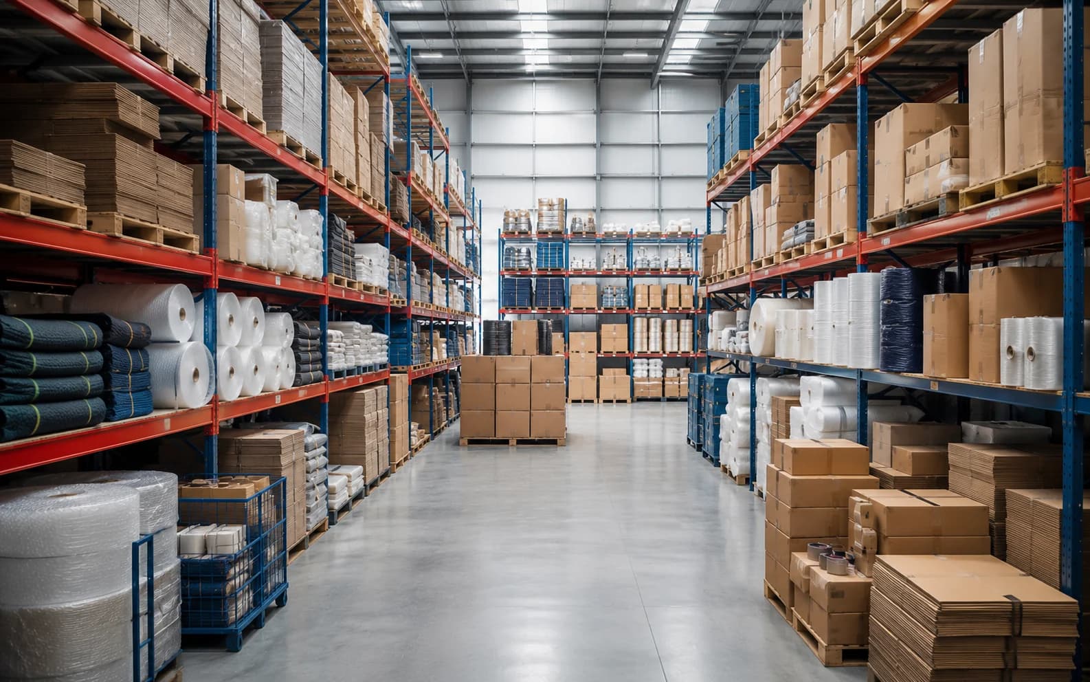 Neatly racked logistics supplies and packaging in a modern warehouse
